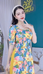 Áo Dài Hoa Cổ Vuông Màu Nước AD9223