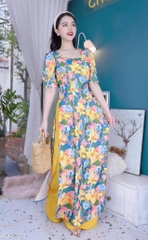Áo Dài Hoa Cổ Vuông Màu Nước AD9223