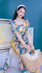 Áo Dài Hoa Cổ Vuông Màu Nước AD9223