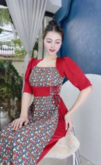 Áo Dài Cột Eo Cổ Vuông AD1430 (áo lẻ) - Hoa Đỏ