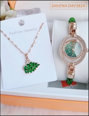 set-dong-ho-nu-davena-vong-tay-day-chuyen-thien-nga-swarovski-rose-gold-xanh-la-dep-timesstore-vn