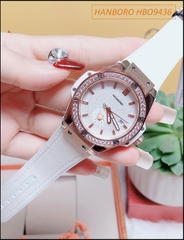 Đồng hồ Nữ Hanboro Rose Gold Bông Hoa Cúc Dây Silicone Trắng (36mm)