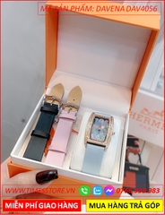 Set Đồng Hồ Nữ Davena Mặt Chữ Nhật Rose Gold Dây Satin Xanh