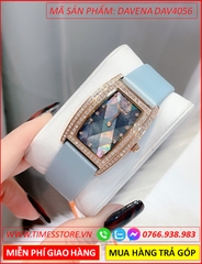 Set Đồng Hồ Nữ Davena Mặt Chữ Nhật Rose Gold Dây Satin Xanh