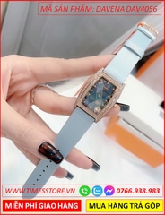 Set Đồng Hồ Nữ Davena Mặt Chữ Nhật Rose Gold Dây Satin Xanh