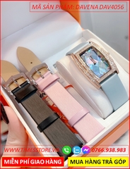 Set Đồng Hồ Nữ Davena Mặt Chữ Nhật Rose Gold Dây Satin Xanh