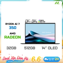 Laptop Asus Zenbook 14 OLED UM3406KA-PP555WS (Ryzen AI 7 350, Radeon Graphics, Ram 32GB LPDDR5X, SSD 512GB, 14 Inch OLED 3K 120Hz 100% DCI-P3)