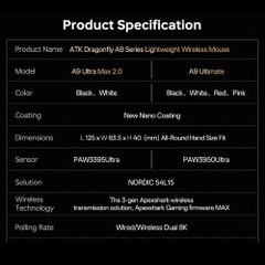 Chuột không dây ATK Dragonfly A9 Ultra Max 2.0 Dual-mode Wireless Pixart 3950 Ultra
