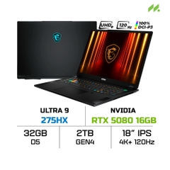 Laptop MSI Stealth 18 HX AI A2XWIG-017VN (Ultra 9 275HX, RTX 5080 GDDR7 16GB, RAM 32GB DDR5, SSD 2TB, 18 Inch UHD+ IPS 120Hz 100% DCI-P3)