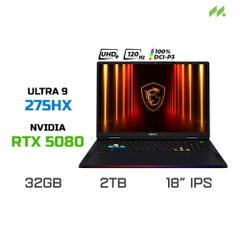 Laptop Gaming MSI Stealth 18 HX AI A2XWIG-017VN (Ultra 9 275HX, RTX 5080 GDDR7 16GB, RAM 32GB DDR5, SSD 2TB, 18 Inch UHD+ IPS 120Hz 100% DCI-P3)