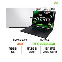 Laptop Gigabyte AERO X16 1VH93VNC94DH (Ryzen AI 7 350, RTX 5060 8GB, Ram 16GB DDR5, SSD 1TB, 16 Inch IPS WQXGA 165Hz 100% sRGB, Win 11)