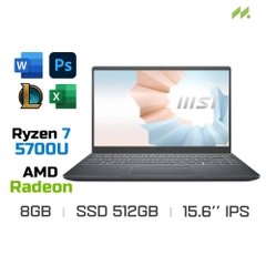 Laptop MSI Modern 15 A5M-237VN (Ryzen 7 5700U, Radeon Graphics, Ram 8GB DDR4, SSD 512GB, 15.6 Inch IPS FHD)