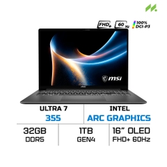Laptop MSI Modern 16S AI+ G3MG-058VN (Ultra 7 355, Intel Arc Graphics, RAM 32GB DDR5, SSD 1TB, 16 Inch OLED FHD+ 60Hz 100% DCI-P3, Win 11 Home)