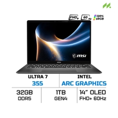 Laptop MSI Prestige 14 AI+ D3MG-022VN (Ultra 7 355, Intel Arc Graphics, RAM 32GB LPDDR5x, SSD 1TB, 14 Inch OLED FHD+ 120%sRGB, Win 11 Home)