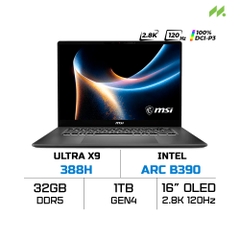 Laptop MSI Prestige 16 AI+ C3MG-024VN (Ultra X9 388H, Intel Arc B390, RAM 32GB LPDDR5x, SSD 1TB, 16 Inch OLED 2.8K 120Hz 100% DCI-P3, Win 11 Home)