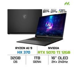 Laptop MSI Stealth A16 AI+ A3XWHG-085VN (Ryzen AI 9 HX 370, RTX 5070 Ti 12GB, Ram 32GB LPDDR5X, SSD 1TB, 16 Inch QHD+ OLED 240Hz 100% DCI-P3)