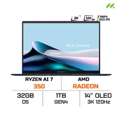 Laptop Asus Zenbook 14 OLED UM3406KA-PP590WS (Ryzen AI 7 350, Radeon Graphics, Ram 32GB LPDDR5X, SSD 1TB, 14 Inch OLED 3K 120Hz 100% DCI-P3, Win11/OFFICE2024)