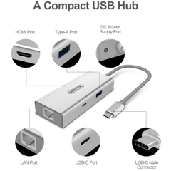 Bộ chia USB Type-C ra HDMI - USB 3.0 - USB Type-C - Lan Gigabit Unitek Y-9117