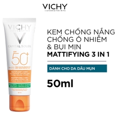 Kem chống nắng chống tia UVA + UVB chống ô nhiễm và bụi mịn hằng ngày Vichy SPF50 + Capital Soleil Mattifying 3 in 1 50ml