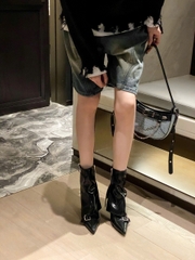 G008 (Bốt) Boots Yếm Cổ Thấp Nữ Phối Khuy Gót Nhọn Đẹp Thời Trang
