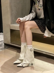 G008 (Bốt) Boots Yếm Cổ Thấp Nữ Phối Khuy Gót Nhọn Đẹp Thời Trang