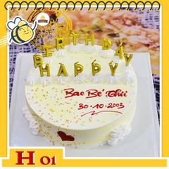 Bánh kem tặng người yêu H01 nền vàng nhạt cắm bộ nến happy birthday vàng phong cách quý phái