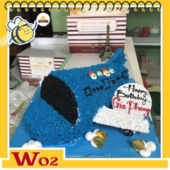 Bánh kem máy bay W02 màu xanh dương cửa sổ đen và có vẽ hành khách ngồi trên máy bay