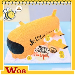 Bánh kem máy bay W08 hãng Jetstar nền cam cửa sổ đen trang trí thêm đồng tiền vàng