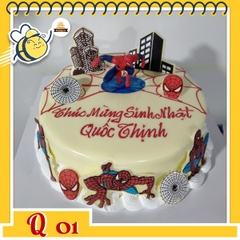 Bánh kem người nhện Q01 phủ socola trắng trang trí nhiều sticker người nhện xung quanh