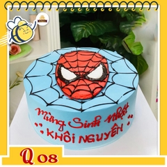 Bánh kem người nhện Q08 nền xanh vẽ lưới nhện và mặt người nhện nổi bật ở giữa