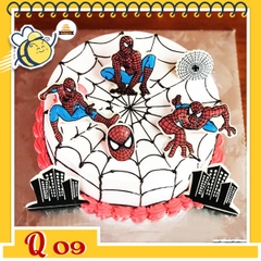 Bánh kem người nhện Q09 nền trắng vẽ lưới nhện kèm nhiều hình người nhện