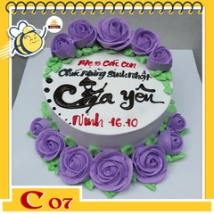 Bánh kem tặng cha C07 chữ thư pháp Cha yêu nền trắng viền xung quanh là hoa màu tím nở rộ tươi thắm