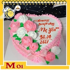 Bánh kem tặng mẹ M01 trái tim màu hồng xinh với hoa nửa bên màu hồng và trắng tình cảm