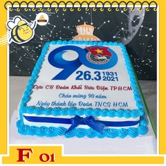 Bánh kem vuông F01 nền trắng in ảnh full mặt bánh thiết kế riêng viền nơ xanh đẹp