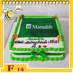 Bánh kem vuông F14 nàu xanh lá trên nền trắng đơn giản in logo công ty thắt nơ tiền vàng