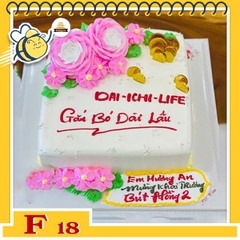 Bánh kem vuông F18 nền trắng hoa màu hồng tươi trẻ kèm đồng tiền vàng socola