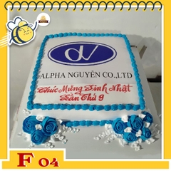Bánh kem vuông F04 nền trắng in ảnh logo công ty bắt hoa 2 cụm ở đế bắt mắt