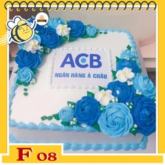 Bánh kem vuông F08 in logo doanh nghiệp nền trắng hoa màu xanh dương đối xứng 2 góc thu hút