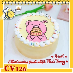 Bánh kem CV126 sinh nhật tuổi Hợi hình con heo cầm bánh thú vị
