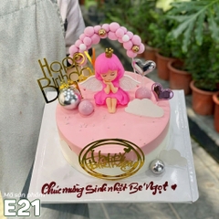 Bánh kem E21 sinh nhật bé gái phụ kiện bong bóng, búp bê hồng cute