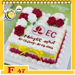 Bánh kem F47 khuôn vuông trang trí hoa đỏ đô và trắng in logo công ty
