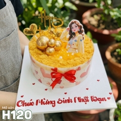 Bánh sinh nhật bông lan trứng muối H120 trang trí cô gái, bi vàng và trái tim