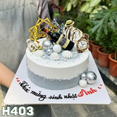 Bánh kem sinh nhật H403 Bánh kem tặng sếp nam màu xám trắng phụ kiện chai rượu đồng hồ