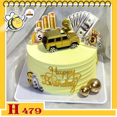 Bánh kem sinh nhật H479 tặng sếp nam màu vàng rắc tiền và xe ô tô