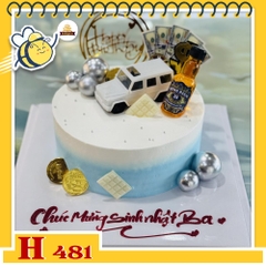 Bánh kem sinh nhật H481 tặng bố màu xanh trắng phụ kiện chai rượu xe hơi