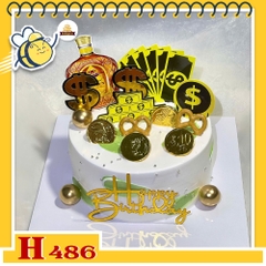 Bánh kem sinh nhật H486 vàng xanh phụ kiện tiền đô và bia