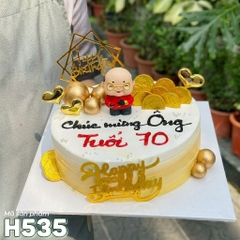 Bánh kem sinh nhật H535 trang trí ông Thần Tài, bi vàng, tiền vàng
