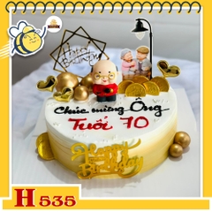 Bánh kem sinh nhật H535 trang trí ông Thần Tài, bi vàng, tiền vàng