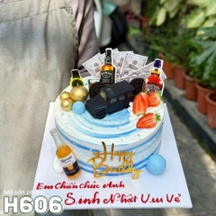 Bánh kem H606 tông xanh trắng sang trọng tặng nam giới phụ kiện ô tô rượu ngoại