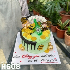 Bánh kem H608 đại gia màu xanh lá độc lạ xe vàng và bia Heineken